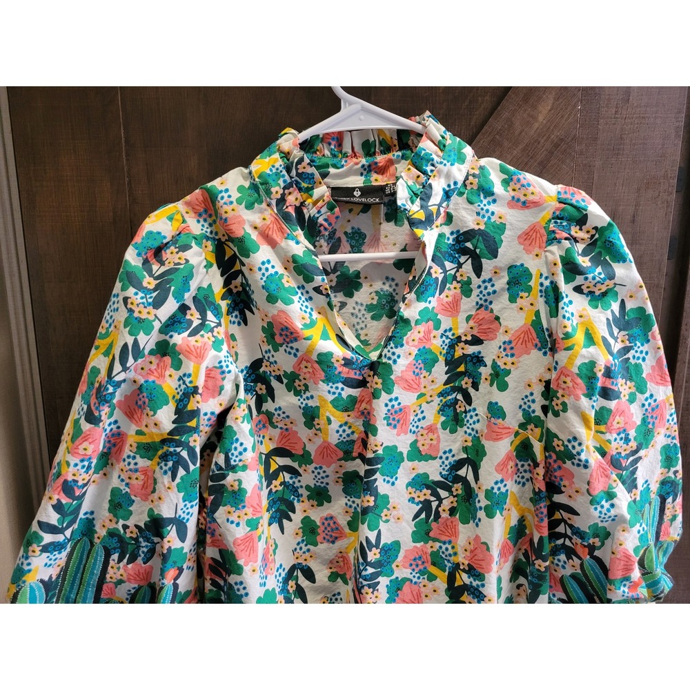 Emily Lovelock Floral Cactus Print Puff Sleeve Ruffle Neck Blouse XS US 2-4 - Picture 2 of 13
